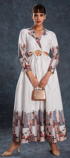 White and Off White color Dress in Linen fabric with Printed work