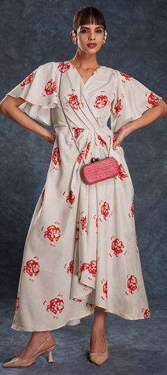 Beige and Brown color Dress in Linen fabric with Printed work