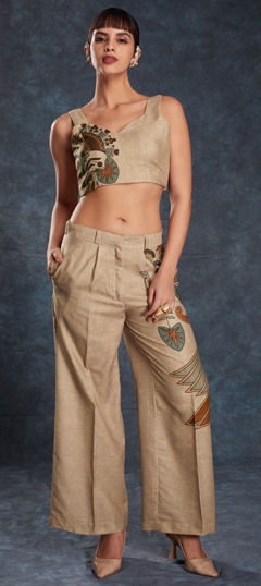 Beige and Brown color Co-ords Set in Linen fabric with Printed work