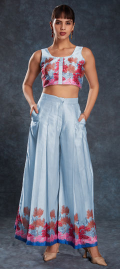 Blue color Co-ords Set in Satin Silk fabric with Printed work