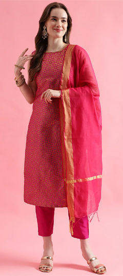 Pink and Majenta color Salwar Kameez in Blended fabric with Lace, Weaving work