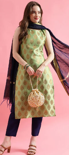 Green color Salwar Kameez in Blended fabric with Lace, Weaving work