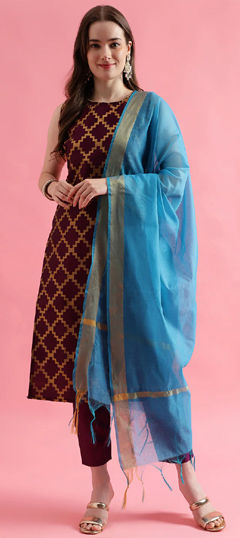 Red and Maroon color Salwar Kameez in Blended fabric with Lace, Weaving work