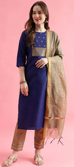 Blue color Salwar Kameez in Cotton fabric with Embroidered, Thread, Zari work