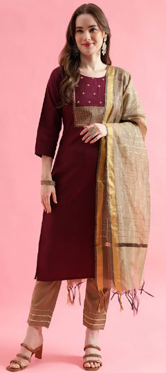 Red and Maroon color Salwar Kameez in Cotton fabric with Embroidered, Thread, Zari work