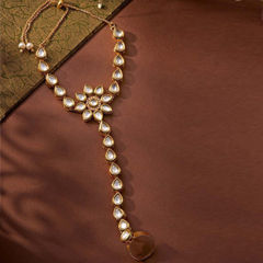 Gold Rodium Polish White and Off White color Haath Paan in Brass studded with Kundan