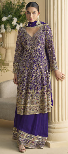 Purple and Violet color Salwar Kameez in Georgette fabric with Embroidered, Swarovski, Zircon work