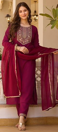 Red and Maroon color Salwar Kameez in Rayon fabric with Embroidered, Resham, Zari work