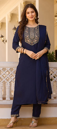 Blue color Salwar Kameez in Rayon fabric with Embroidered, Resham, Zari work