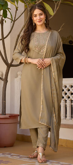 Beige and Brown color Salwar Kameez in Rayon fabric with Embroidered, Resham, Zari work