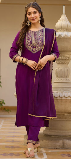 Purple and Violet color Salwar Kameez in Rayon fabric with Embroidered, Resham, Zari work