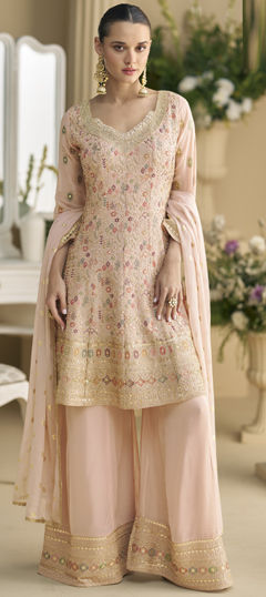Pink and Majenta color Salwar Kameez in Georgette fabric with Embroidered, Swarovski, Zircon work