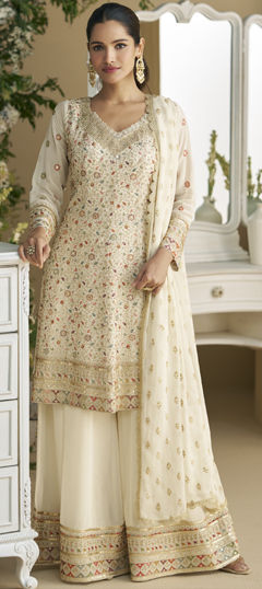 White and Off White color Salwar Kameez in Georgette fabric with Embroidered, Swarovski, Zircon work