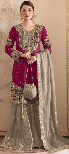 Pink and Majenta color Salwar Kameez in Georgette fabric with Embroidered, Sequence, Stone, Thread, Zircon work