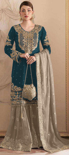 Blue color Salwar Kameez in Georgette fabric with Embroidered, Sequence, Stone, Thread, Zircon work