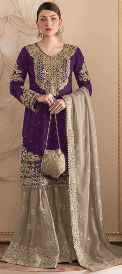 Purple and Violet color Salwar Kameez in Georgette fabric with Embroidered, Sequence, Stone, Thread, Zircon work