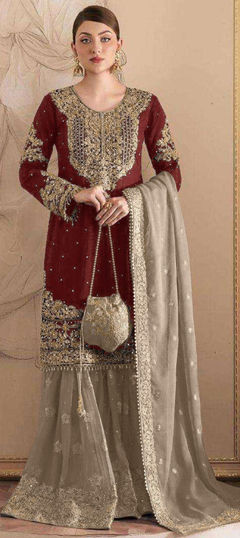 Red and Maroon color Salwar Kameez in Georgette fabric with Embroidered, Sequence, Stone, Thread, Zircon work
