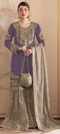 Purple and Violet color Salwar Kameez in Georgette fabric with Embroidered, Sequence, Stone, Thread, Zircon work