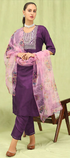 Purple and Violet color Salwar Kameez in Blended fabric with Embroidered, Sequence, Thread work