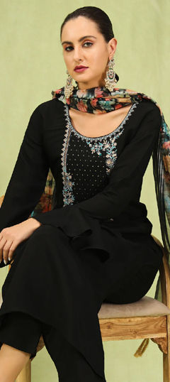 Black and Grey color Salwar Kameez in Viscose fabric with Embroidered, Sequence, Thread work