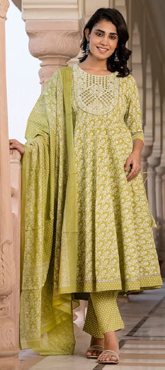 Green color Salwar Kameez in Cotton fabric with Lace, Printed work