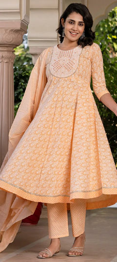 Beige and Brown color Salwar Kameez in Cotton fabric with Lace, Patch, Printed work