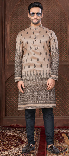 Beige and Brown color Kurta Pyjamas in Art Silk fabric with Embroidered, Thread, Zari work