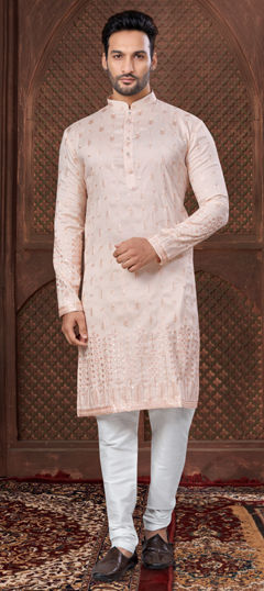 Pink and Majenta color Kurta Pyjamas in Art Silk fabric with Embroidered, Thread, Zari work