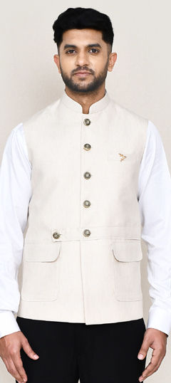 White and Off White color Nehru Jacket in Cotton fabric with Thread work