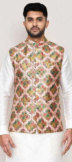 Pink and Majenta color Nehru Jacket in Art Silk fabric with Printed work