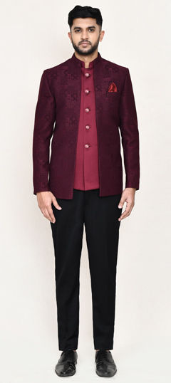 Red and Maroon color Jodhpuri Suit in Jacquard fabric with Weaving work