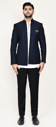 Blue color Jodhpuri Suit in Jacquard fabric with Weaving work
