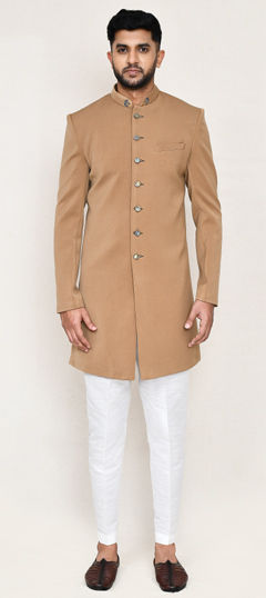 Beige and Brown color IndoWestern Dress in Rayon fabric with Thread work