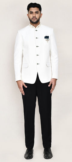 White and Off White color Jodhpuri Suit in Cotton fabric with Embroidered work