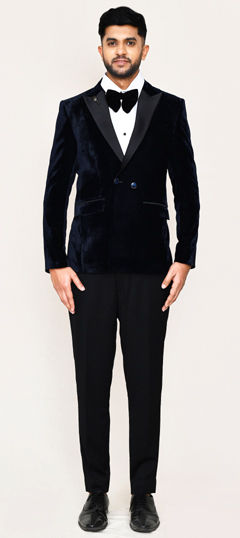 Blue color Tuxedo in Velvet fabric with Thread work