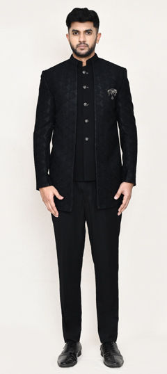 Black and Grey color Jodhpuri Suit in Jacquard fabric with Weaving work