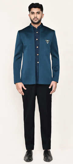 Blue color Jodhpuri Suit in Polyester Silk fabric with Thread work