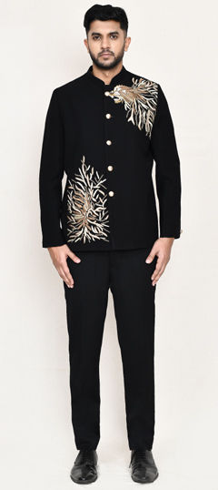 Black and Grey color Tuxedo in Polyester Silk fabric with Fancy Work work