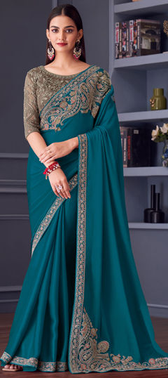 Blue color Saree in Satin Silk fabric with Embroidered, Sequence, Thread, Zari work