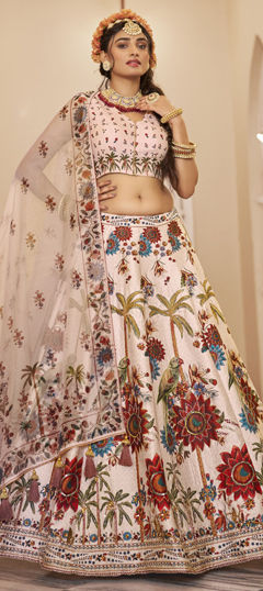 White and Off White color Lehenga in Art Silk fabric with Cut Dana, Floral, Printed, Sequence work