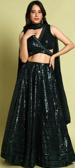 Green color Ready to Wear Lehenga in Velvet fabric with Sequence work