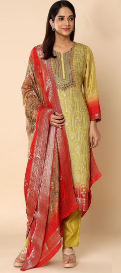 Green color Salwar Kameez in Silk fabric with Embroidered, Resham, Thread work