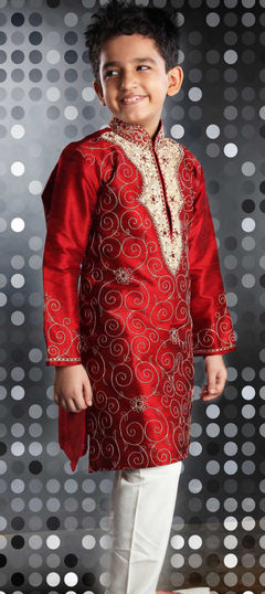 Red and Maroon color Boys Kurta Pyjama in Art Dupion Silk, Silk cotton fabric with Embroidered, Resham, Stone, Thread work