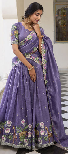 Purple and Violet color Lehenga in Crushed Silk fabric with Embroidered, Resham, Thread work
