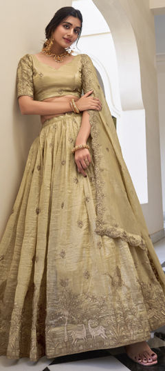 Beige and Brown color Lehenga in Crushed Silk fabric with Embroidered, Resham, Thread work