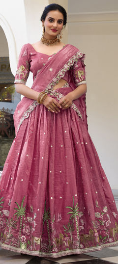 Pink and Majenta color Lehenga in Crushed Silk fabric with Embroidered, Resham, Thread work