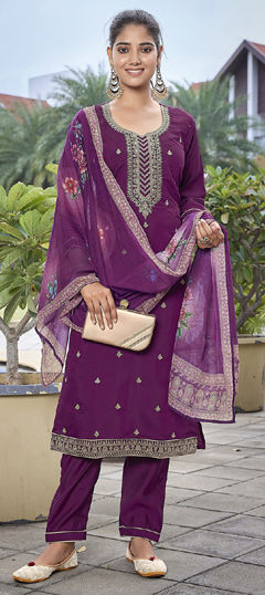 Purple and Violet color Salwar Kameez in Chanderi Silk, Viscose fabric with Embroidered work