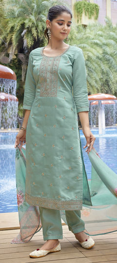 Green color Salwar Kameez in Chanderi Silk, Viscose fabric with Embroidered work