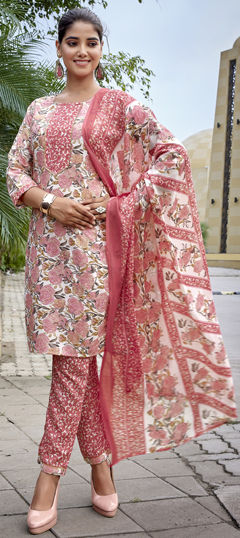 Pink and Majenta, White and Off White color Salwar Kameez in Blended Cotton fabric with Printed work