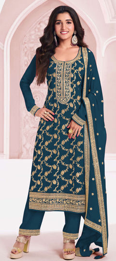 Blue color Salwar Kameez in Viscose fabric with Embroidered, Sequence, Thread work